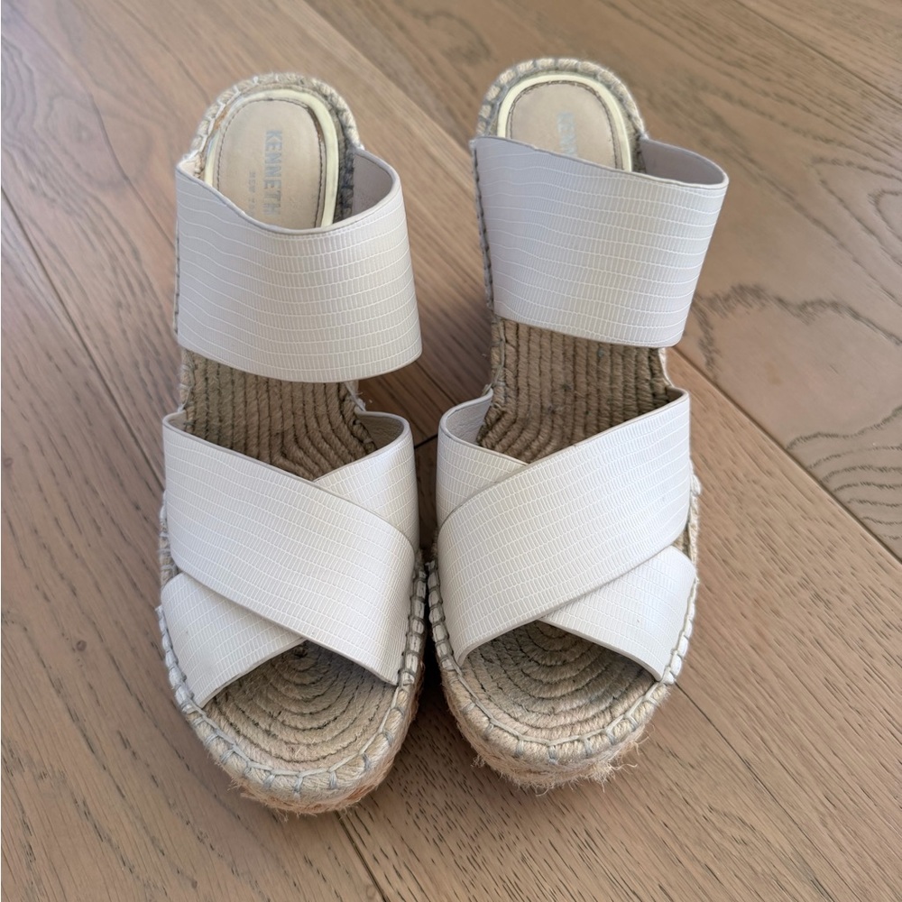 Kenneth Cole Cream Espadrille Wedge Sandals with Crisscross Straps